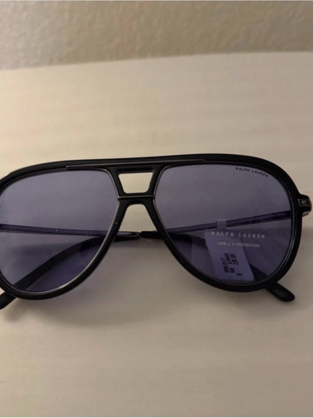 Ralph Lauren Black Frame Aviator Sunglasses with Blue Tint